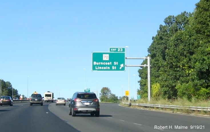 Image of overhead ramp sign for MA 70 exit with new milepost based exit numbers on I-290 West in Worcester, September 2021