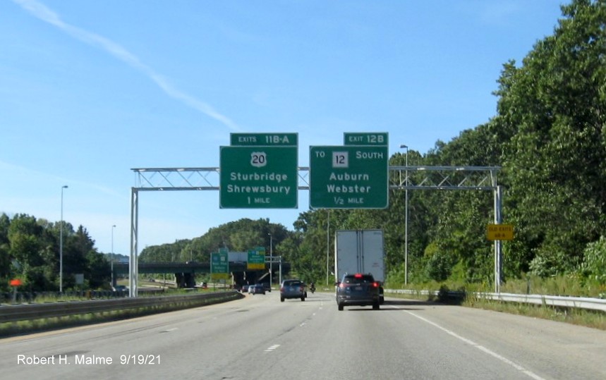 Image of newly placed 1/2 mile advance overhead sign for To MA 12 South exit with new milepost based exit number on I-290 West in Auburn, September 2021
