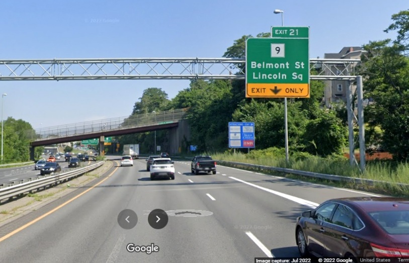 Image of recently placed 1/4 mile advance sign for MA 9 exit with new milepost based exit number on I-290 East in Worcester, Google Maps Street View, July 2022