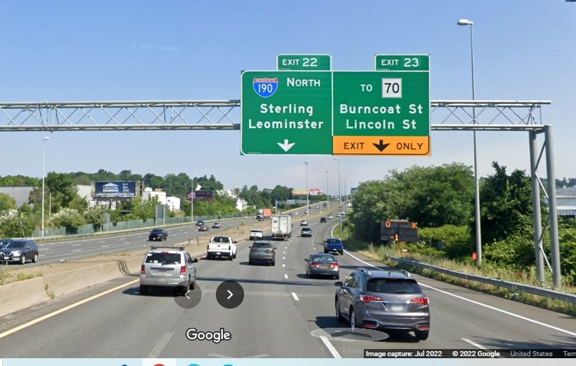 Image of recently placed 1/2 mile advance signs for I-190 North and To MA 70 exits with new milepost based exit numbers on I-290 East in Worcester, Google Maps Street View image, July 2022