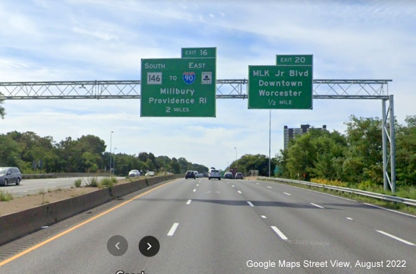 Image of recently placed new 1/2 Mile advance sign for MLK Jr Blvd along with 1 1/2 mile advance overhead sign for South MA 146 exit, both with new milepost based exit numbers, on I-290 West in Worcester, Google Maps Street View, August 2022
