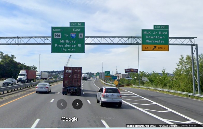 Image of recently placed overhead signage at ramp for MLK Jr. Blvd with new milepost based exit numbers on I-290 West in Worcester, Google Maps Street View, August 2022