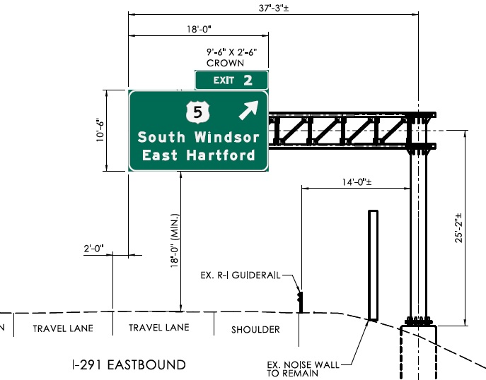 Plan image of new milepost based exit number overhead ramp sign for US 5 exit on I-291 East, CTDOT, February 2024