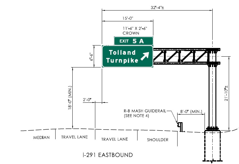 Plan image of new milepost based exit number overhead ramp sign for Tolland Turnpike exit on I-291 East, CTDOT, February 2024