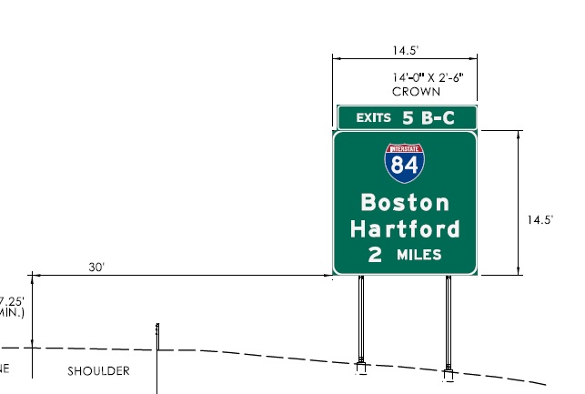 Sign plan image for new milepost based exit number 2 miles advance sign for I-84 exits on I-291 East, CTDOT, February 2024
