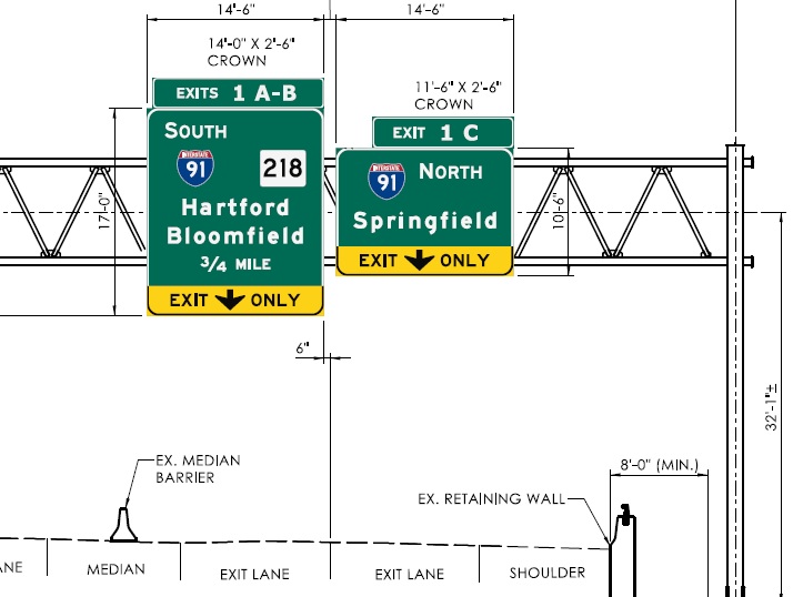 Sign plan image for milepost exit number overhead signage for I-91 and CT 218 exits on I-291 West, CTDOT, February 2024