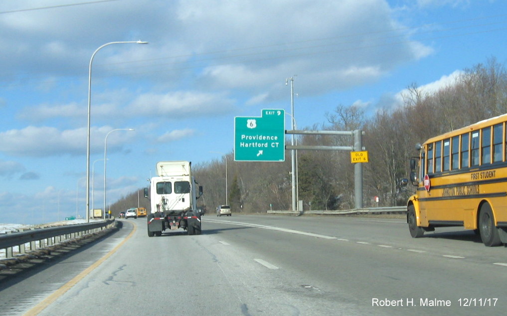 Image of overhead exit ramp sign for US 6 exit on I-295 North in Johnston, RI with new exit number