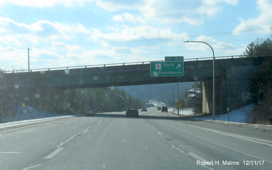 Image of overhead exit sign for RI 7 North on I-295 South in North Smithfield with new exit number