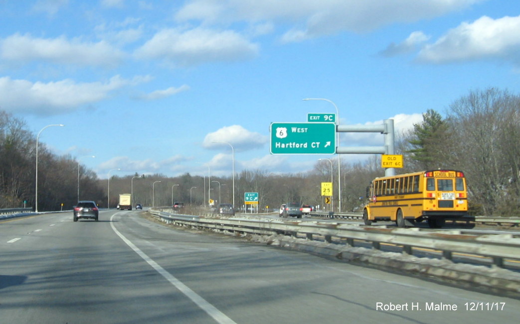 Image of overhead exit sign for US 6 West along C/D ramp from I-295 North in Johnston, RI with new exit number