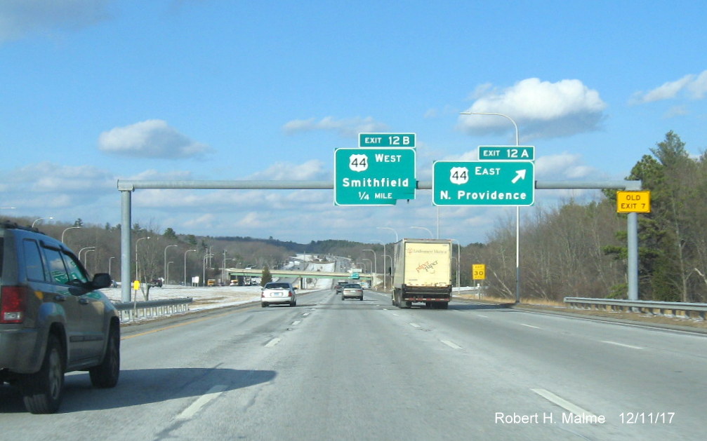 Image of overhead signs for US 44 exit ramps on I-295 North in Smithfield with new exit numbers