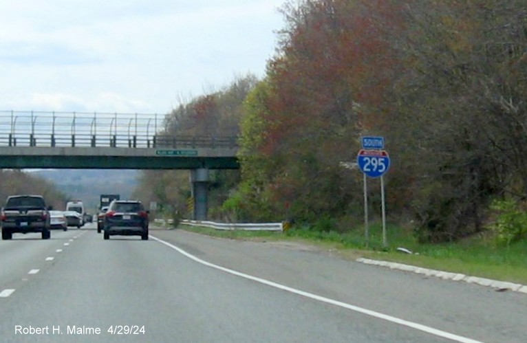 Image of recently placed South I-295 reassurance marker in Attleboro, April 2024