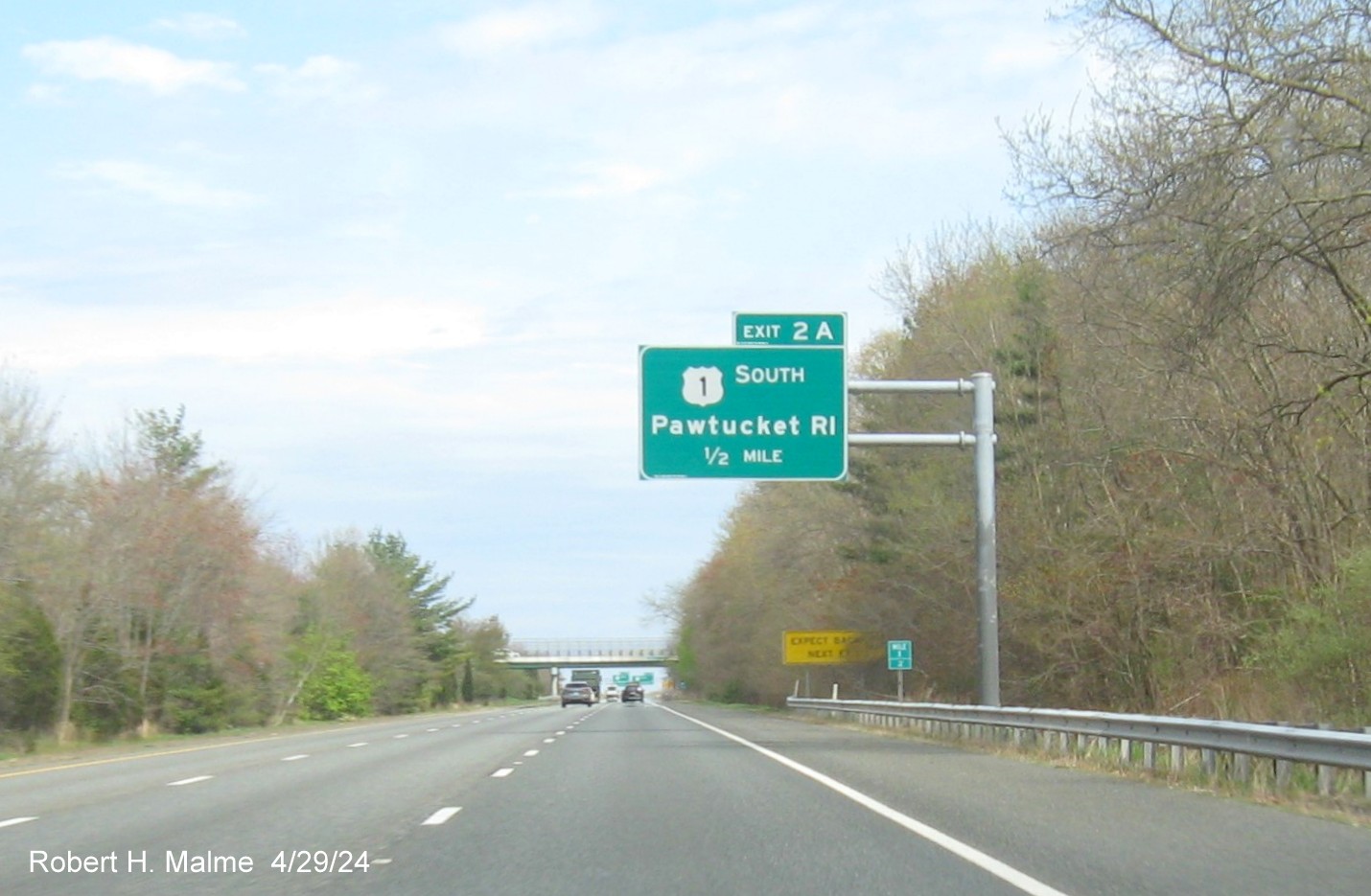 Image of recently placed 1/2 mile advance sign for US 1 South exit on I-295 North in Attleboro, April 2024