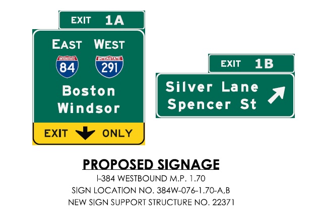 CTDOT plans for new exitsigns for East I-84 and Silver Lane exits on I-384 West with new milepost exit numbers, September 2023