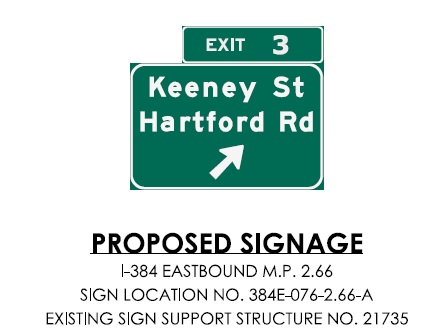 CTDOT sign plan image for ramp sign for Keeney Street exit on I-384 East, September 2023