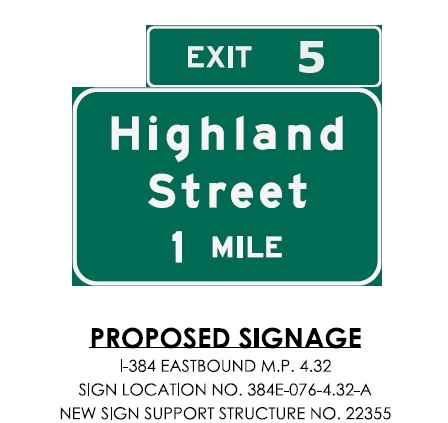 CTDOT sign plan image for 1 mile advance for Highland Street exit on I-384 East, September 2023