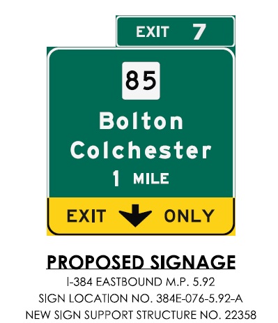 CTDOT sign plan image for 1 Mile advance sign for CT 85 exit with Exit Only banner on I-384 East, September 2023