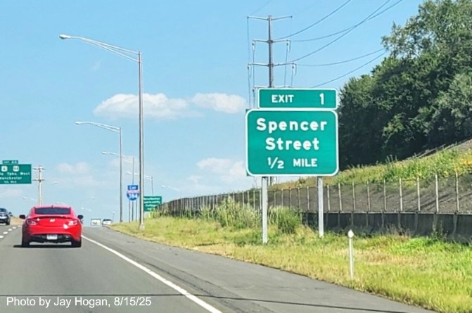 Image of new 1/2 mile advance sign for the Spencer Street exit with milepost 
	based exit number, same as previous sequential number, by Jay Hogan, August 2025