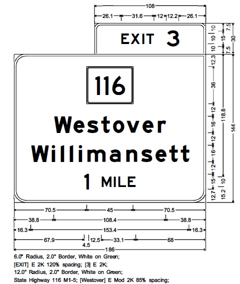 MassDOT sign plan for 1-mile advance sign for MA 116 exit on I-391 in Chicopee