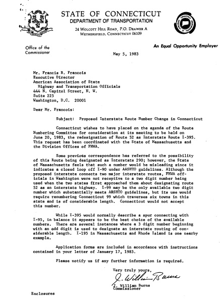 Image of letter written by Conn. DOT Commissioner to AASHTO regarding I-395 designation on May 5, 1983, from AASHTO documents database