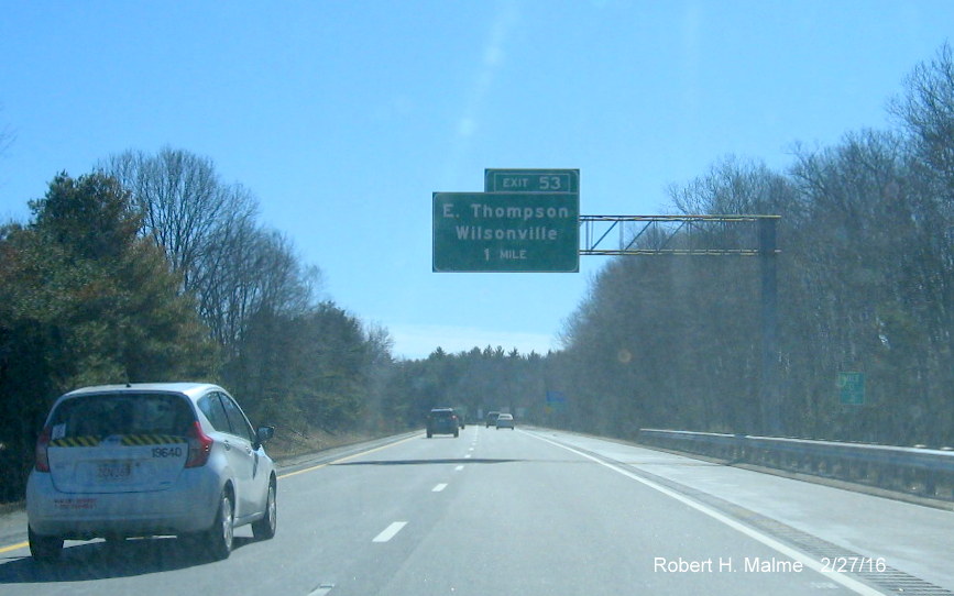 Image of new milepost exit number on I-395 South in MA for CT Exit 53
