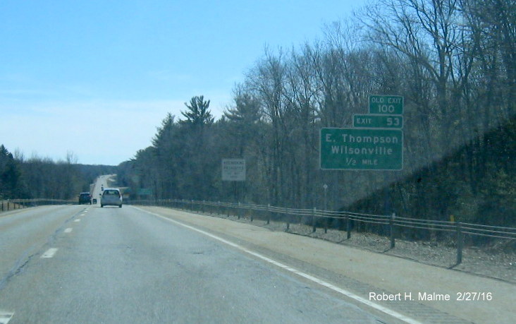 Image of new exit number on I-395 South signage just across Mass. border in East Thompson, CT