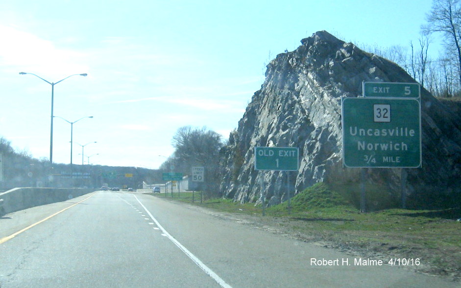 Image of new 1/4 mile advance sign with new milepost based exit number on CT 2A West in Uncasville, CT