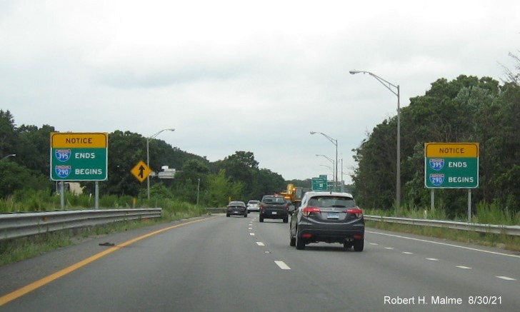 Image of End I-395/Begin I-290 advisory signs on I-395 North in Auburn, August 2021