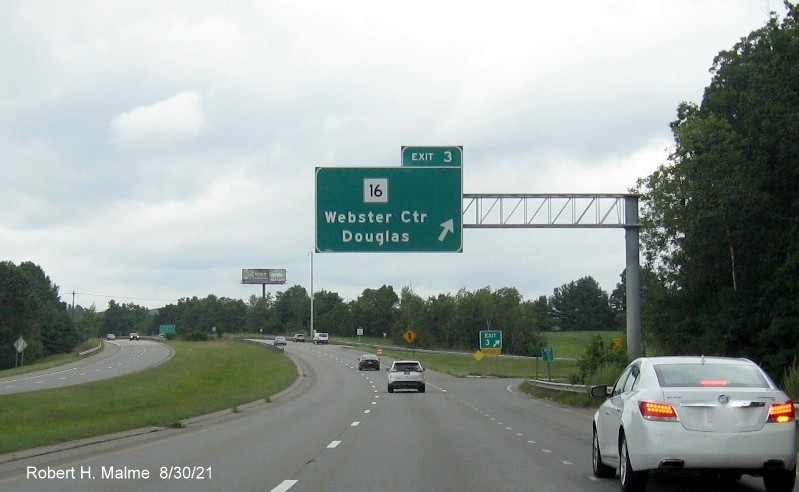 Image of overhead ramp sign for MA 16 exit with new milepost based exit number on I-395 North in Webster, August 2021 with 