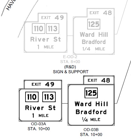 Image of MassDOT sign plan showing new I-495 Exits 48 and 49 sign plans  with exit tabs with room for larger milepost based numbers