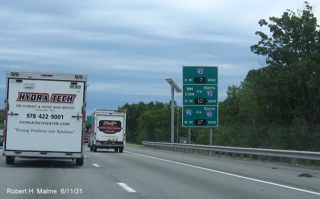 Image of activated Real Time Traffic sign on I-495 North in Chelmsford, June 2021