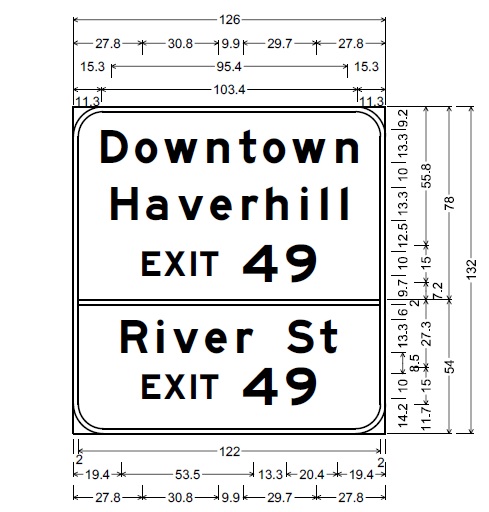 MassDOT plan for Downtown Haverhill/River Street auxiliary sign for MA 110 exit on I-495 in Haverhill