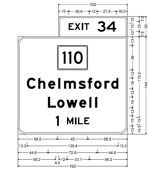 MassDOT plan for 1 mile advance overhead sign for MA 110 exit on I-495 in Chelmsford
