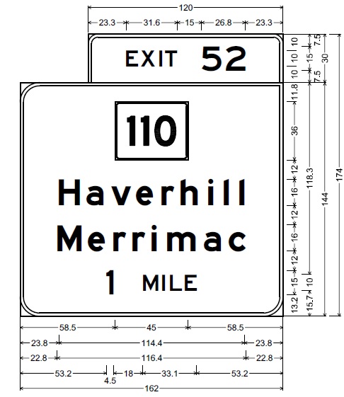 MassDOT plan for 1 mile advance overhead sign for MA 110 on I-495 in Haverhill