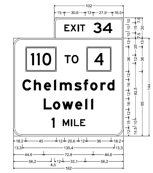 MassDOT plan for 1 mile advance overhead sign for MA 110 to MA 4 exit on I-495 South in Chelmsford