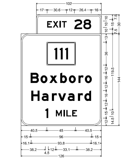MassDOT sign plans for jurisdiction boundary and for 1 mile advance for MA 111 exit on I-495 in Harvard