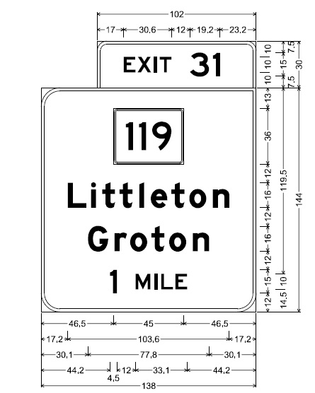 MassDOT plan for 1 mile advance overhead sign for MA 119 exit on I-495 in Littleton