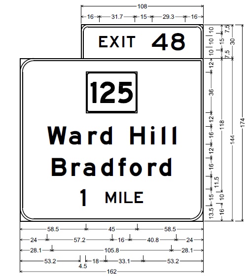 MassDOT plan of one mile advance overhead sign for MA 125 exit on I-495 in Methuen