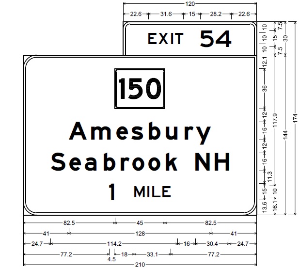 MassDOT plan for one mile advance overhead sign for MA 150 exit on I-495 in Amesbury