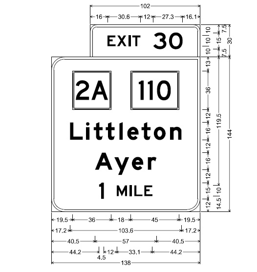 MassDOT plan for 1 mile advance overhead sign for MA 2A/110 exit on I-495 in Ayer