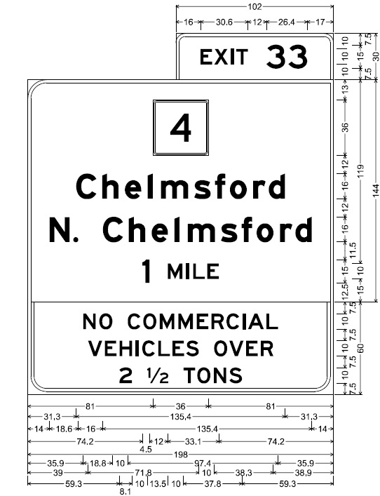 MassDOT plan for 1 mile advance overhead sign for MA 4 exit in I-495 in Chelmsford