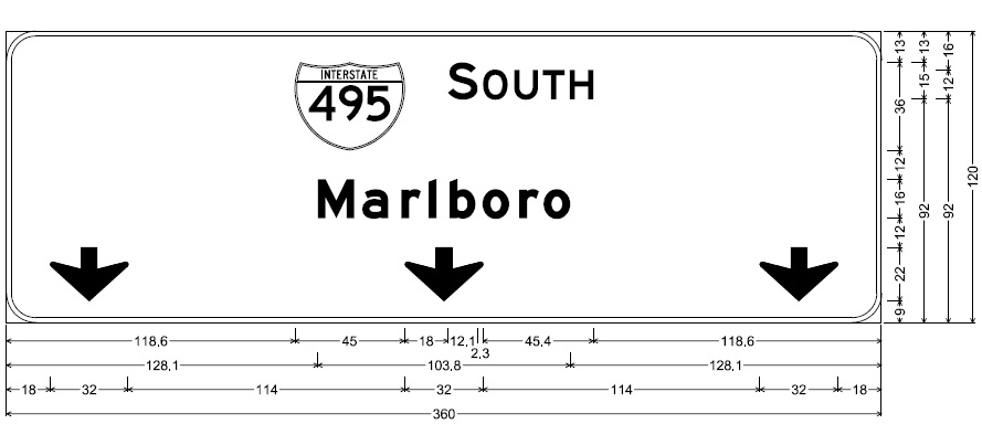 MassDOT plan of overhead pull through sign for I-495 South at US 3/Lowell Connector exit in Chelmsford