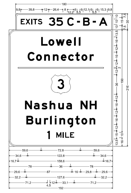 MassDOT plan for 1 mile advance overhead sign for US 3 / Lowell Connector exit on I-495 South in Chelmsford