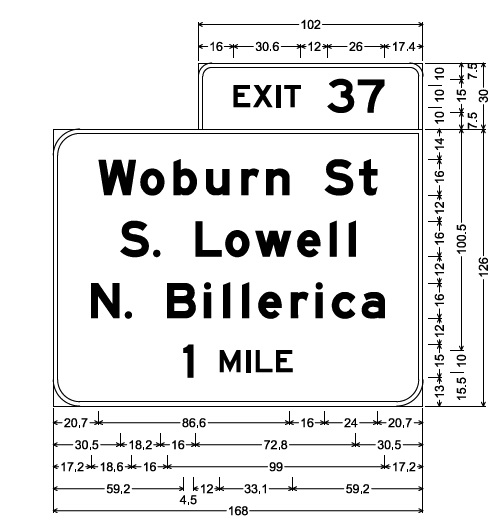 MassDOT plan for 1 mile advance overhead sign for Woburn Street on I-495 in Lowell