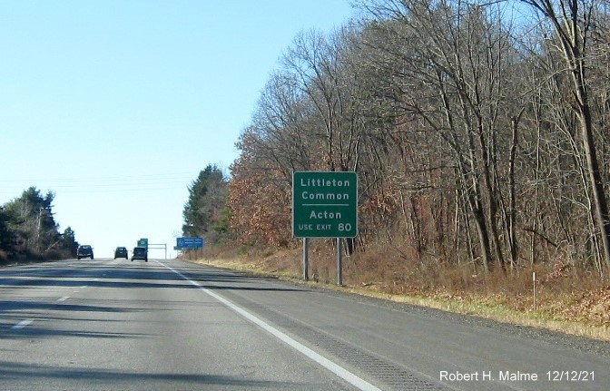Image of newly placed auxiliary sign for MA 119 exit on I-495 South in Littleton, December 2021