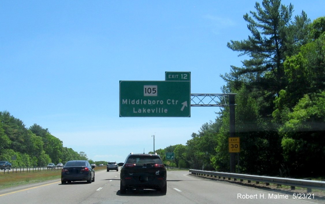Image of overhead ramp sign for MA 105 exit with new milepost based exit number on I-495 South in Middleboro, May 2021