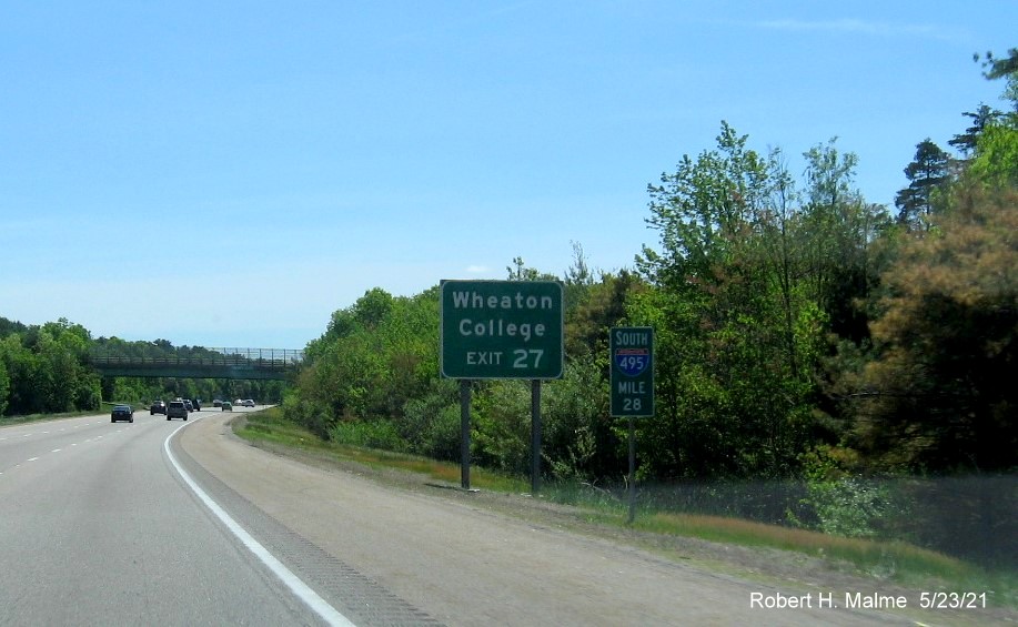 Image of auxiliary sign for MA 123 exit with new milepost based exit number on I-495 South in Norton, May 2021