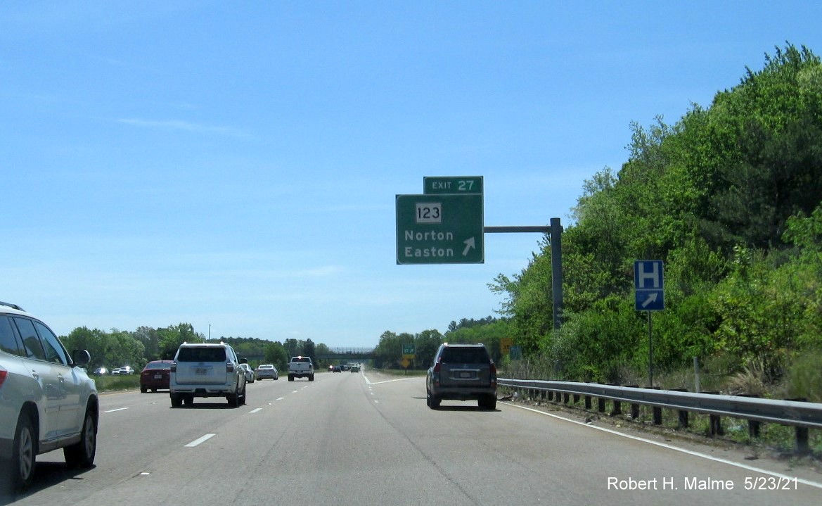 Image of overhead ramp sign for MA 123 exit with new milepost based exit number on I-495 South in Norton, May 2021