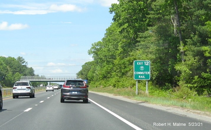 Image of auxiliary sign for MA 105 exit with new milepost based exit number on I-495 North in Middleboro, May 2021