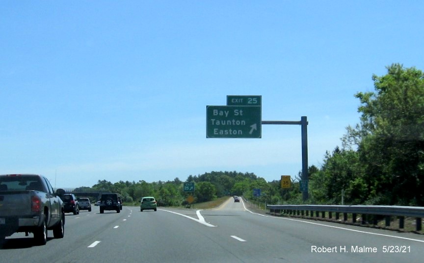 Image of overhead ramp sign for Bay Street exit with new milepost based exit number on I-495 South in Taunton, May 2021
