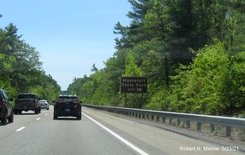 Image of auxiliary sign for MA 18 exit with new milepost based exit number on I-495 South in Middleboro, May 2021